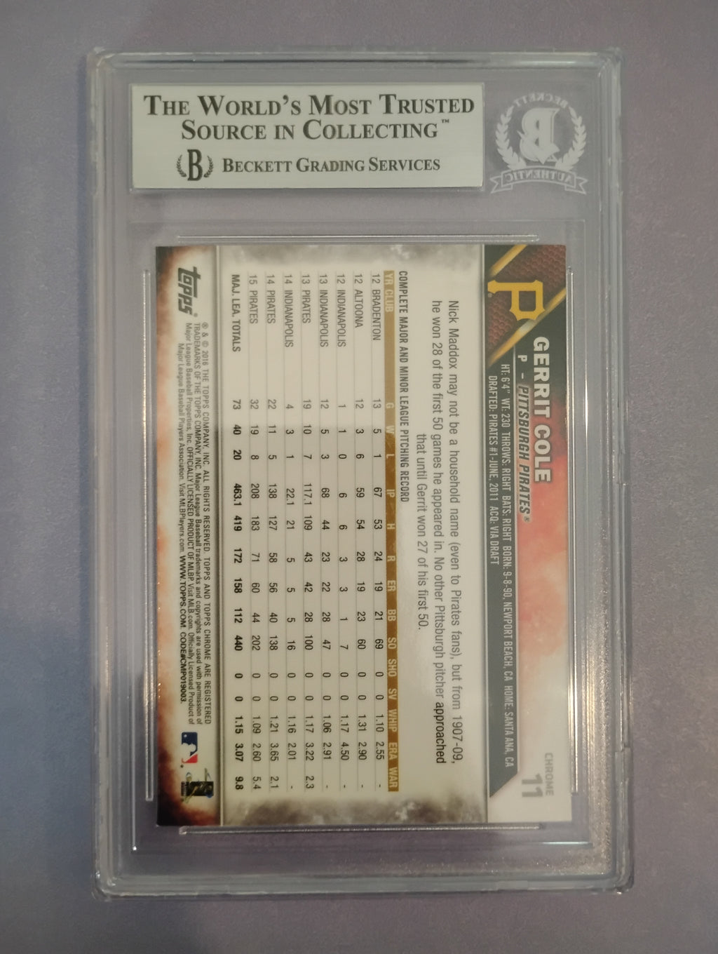 2016 Topps Chrome Prism Refractor Gerrit Cole autograph back - BGS authenticated