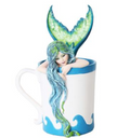 Mermaid in a Mug Figurine with blue hair and green tail fin