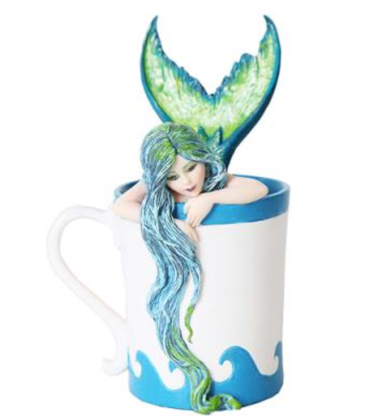 Mermaid in a Mug Figurine with blue hair and green tail fin