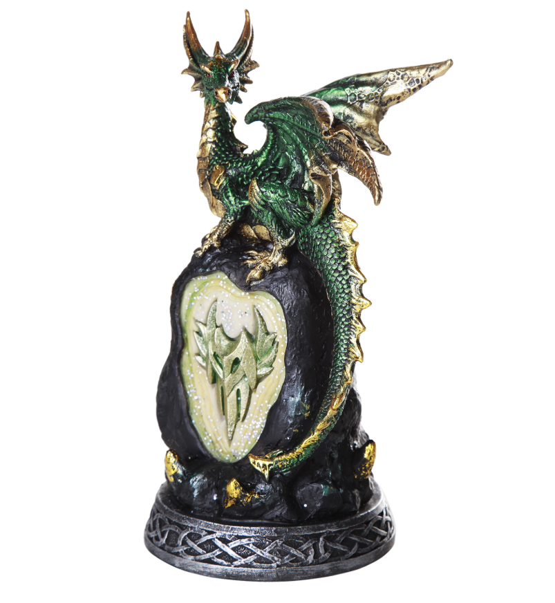 Green dragon with Celtic shield figurine, hand painted cold cast resin