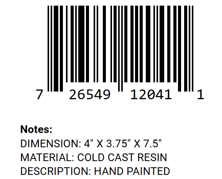 Green dragon figurine barcode and product specs label
