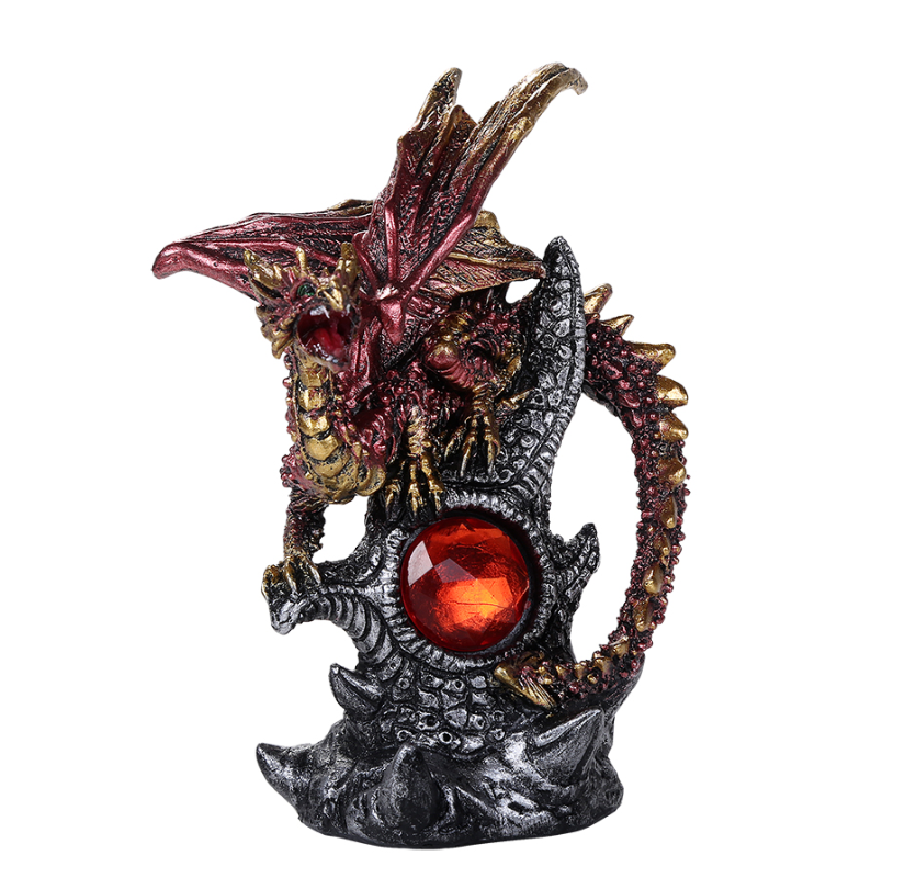 Red dragon figurine with red gem, hand painted cold cast resin