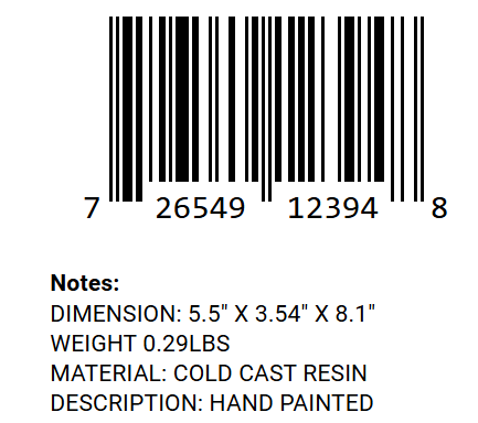 Red dragon figurine barcode and product specs label