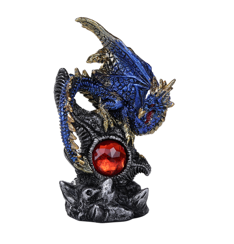 Blue dragon figurine with red gem, hand painted cold cast resin