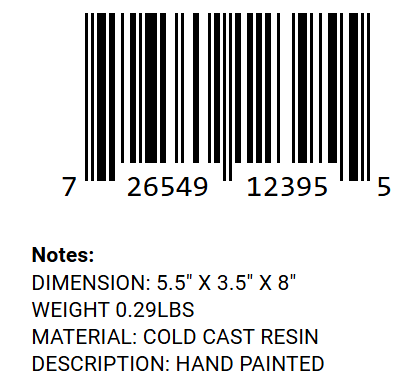 Blue dragon figurine barcode and product specs label