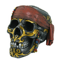 Pirate Skull Figurine hand painted with gold tribal markings and red bandana
