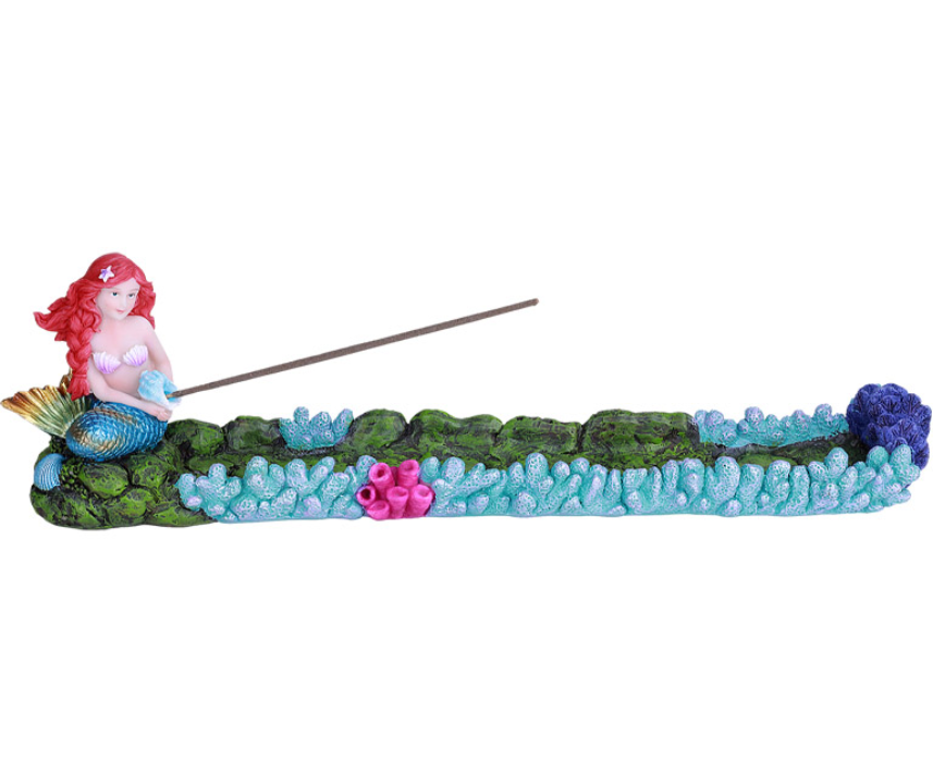 Mermaid Incense Burner hand painted cold cast resin with coral reef scene