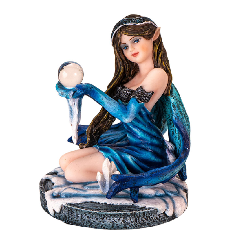 Dark elf fairy with teal wings holding a crystal ball with a blue dragon figurine