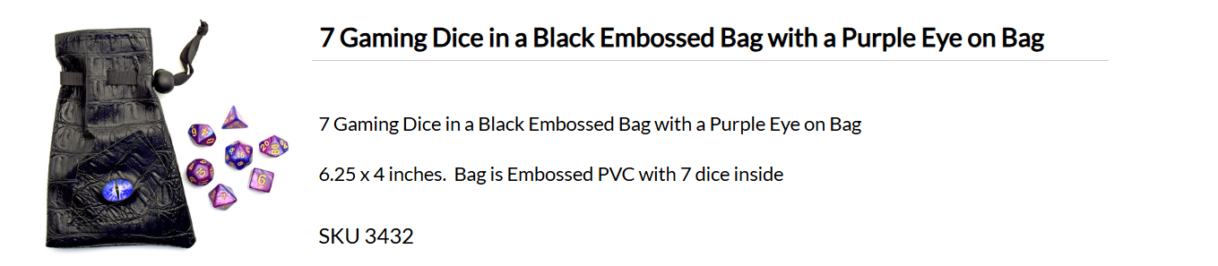 7 Gaming Dice Set in Black Embossed Bag with Purple Eye