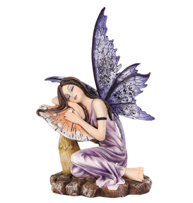 Sleeping Fairy with Purple Wings Figurine in lavender gown on mossy stone base