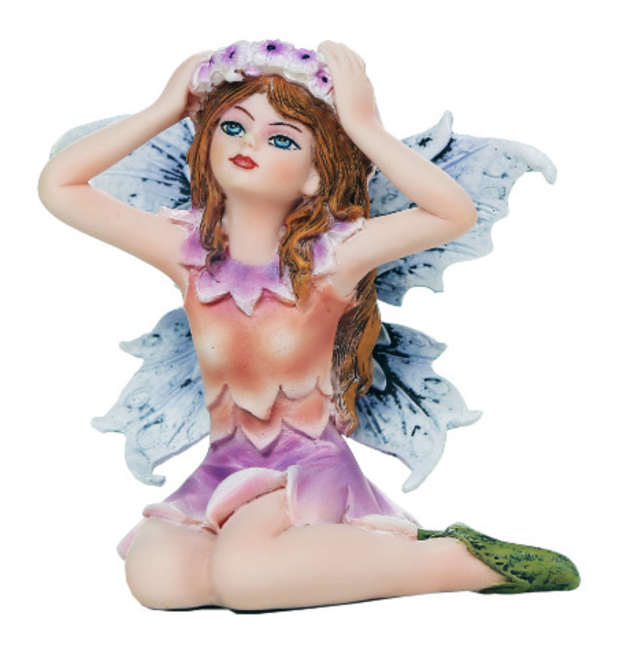Seated fairy with blue wings adjusting a purple flower crown figurine
