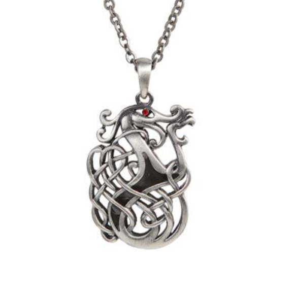 Celtic dragon knotwork pendant necklace on silver chain with red crystal eye