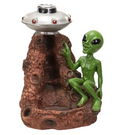 Alien backflow incense burner with green alien figure and UFO on rocky base