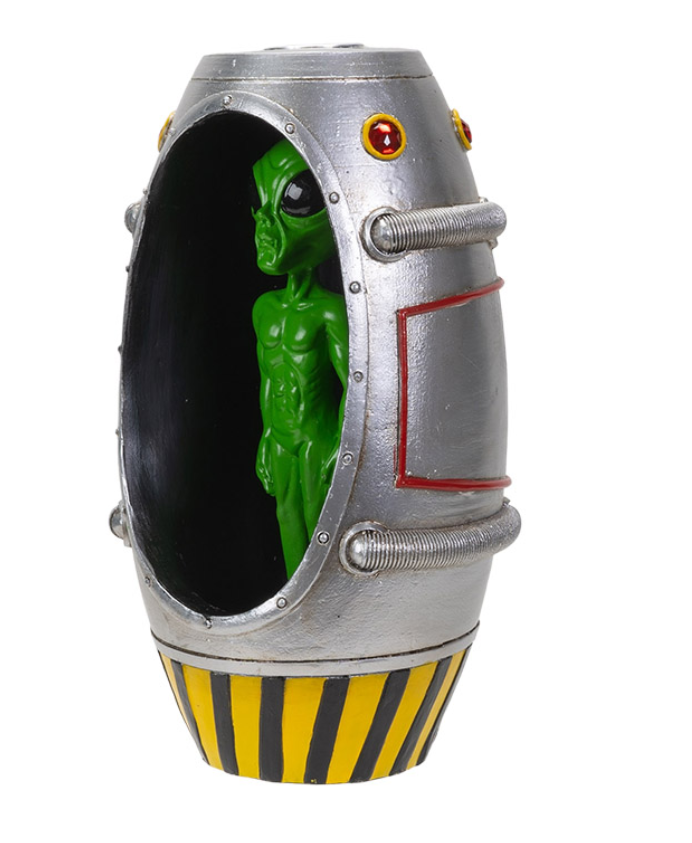 Alien capsule backflow incense burner side view with alien figure visible