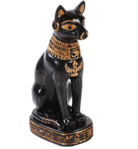 Bastet Egyptian Cat Goddess Figurine black cold cast resin with gold accents