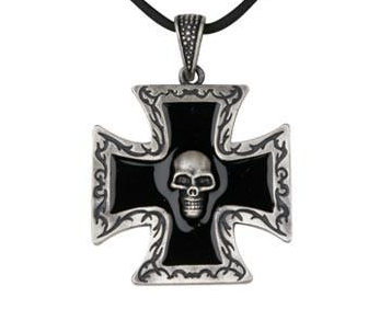 Skull iron cross pendant necklace on black cord
