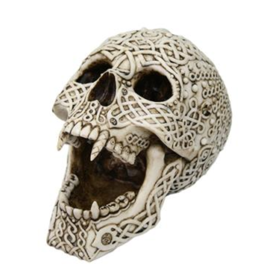 Celtic vampire skull figurine with intricate knotwork design and open jaw