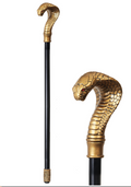 Gold cobra head walking stick with black metal shaft and red eye detail