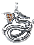 Dragon Pendant Necklace brushed silver tone with amber gemstone wings