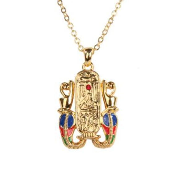Egyptian hieroglyph cartouche pendant necklace with gold tone finish and enamel scarabs