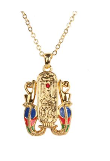 Egyptian Hieroglyph Cartouche Necklace gold tone with cobra enamel accents