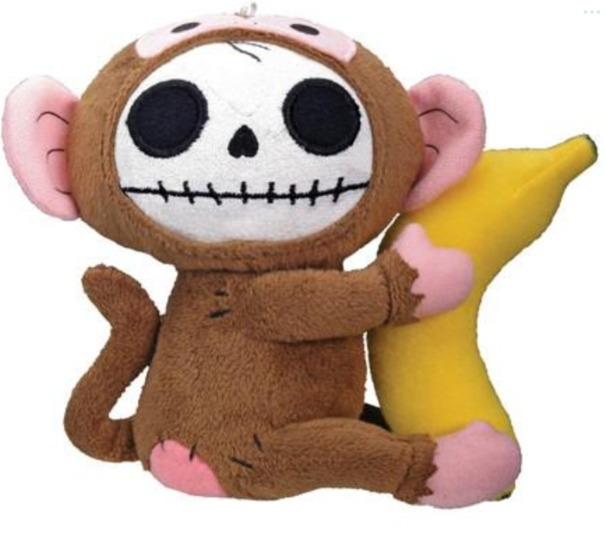 Furrybones Munch monkey plush with skull face holding a yellow banana