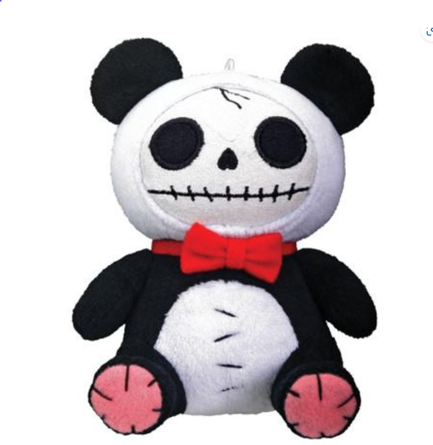 Furrybones Pandie panda plush with skull face and red bow tie