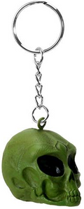 Green alien skull keychain with metal ring