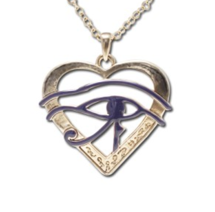 Heart Eye of Horus pendant necklace with blue enamel on silver chain
