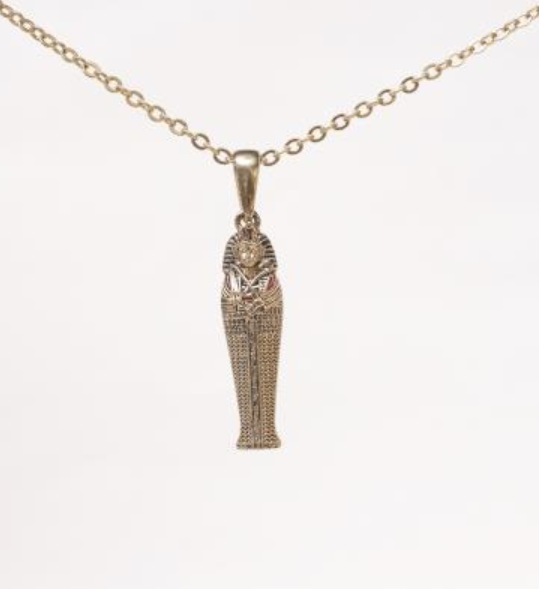 King Tut sarcophagus pendant necklace on silver chain