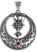 Mystic Dragon Moon Pendant Necklace antique silver with red gemstone and tribal knotwork
