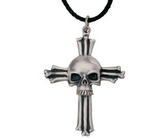Skull Crucifix Pendant Necklace in lead-free pewter on black cord
