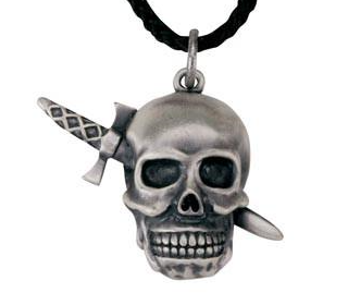 Skull with dagger pendant necklace on black cord