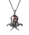 Skull Gunslinger Pendant Necklace with red gems and crossed pistols
