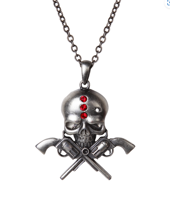 Skull Gunslinger Pendant Necklace with red gems and crossed pistols