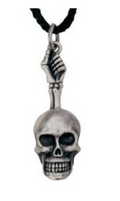Skeleton hand gripping skull pendant on black cord necklace