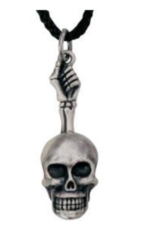 Skeleton hand gripping skull pendant on black cord necklace
