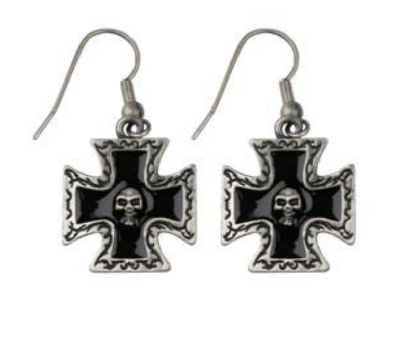 Skull iron cross earrings with French wire hooks