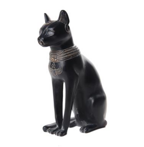 Bastet Egyptian Cat Goddess Statue matte black cold cast resin with bronze collar accents