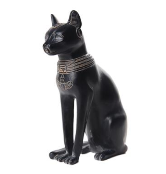 Large Bastet Egyptian cat goddess figurine in black cold cast resin with gold collar detail