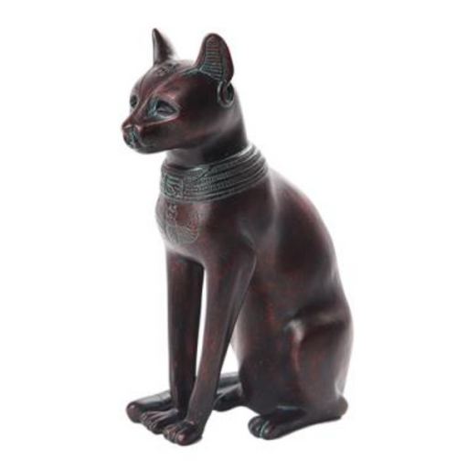 Bastet Egyptian cat goddess figurine in bronze dark finish cold cast resin with hieroglyphic collar