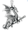 Warrior Dragon with Sword Pendant Necklace in antique silver tone