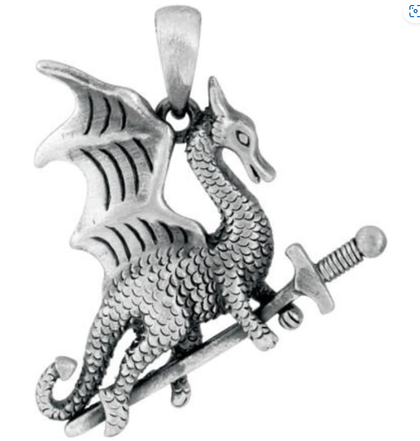 Warrior Dragon with Sword Pendant Necklace in antique silver tone