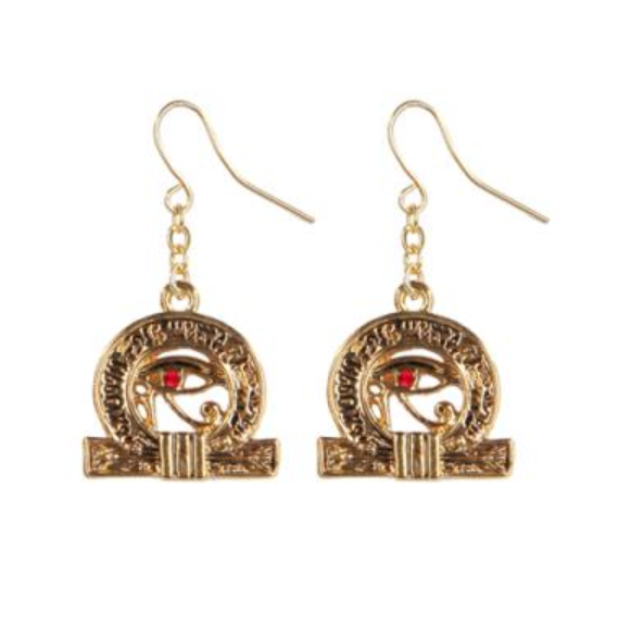Wedjat Eye of Horus gold-tone drop earrings with red crystal accent
