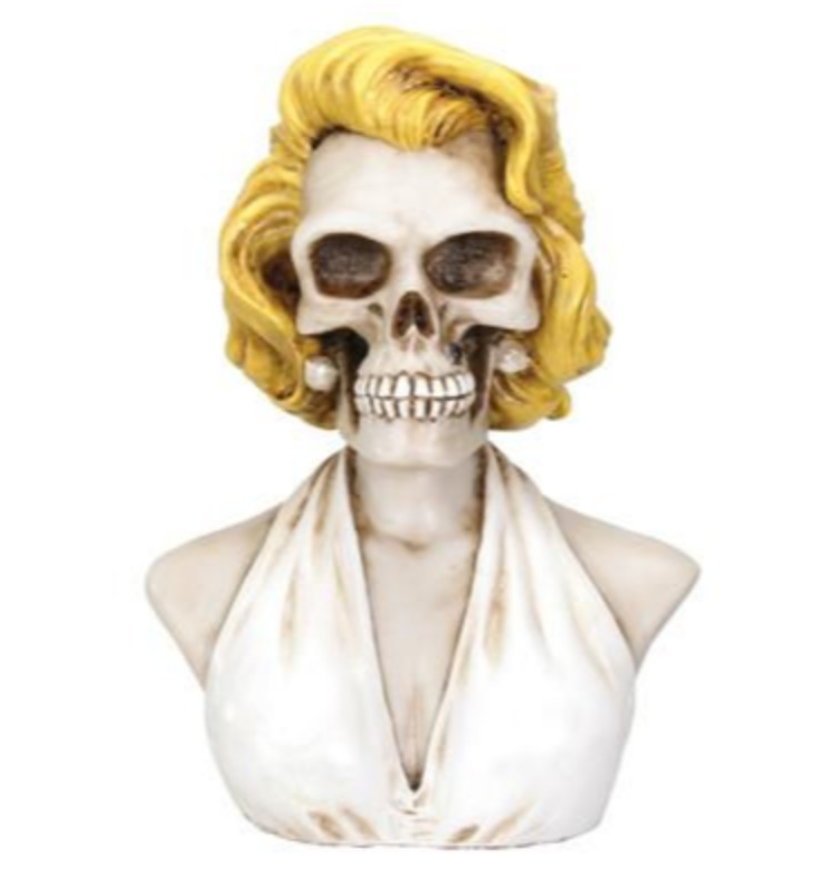Marilyn Monroe Skull Bust Figurine with blonde hair and white dress