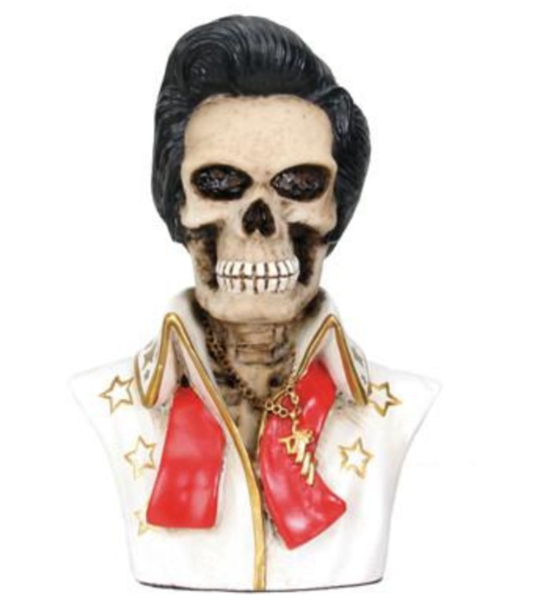 Elvis Presley Skull Bust Figurine with black pompadour and white gold jumpsuit