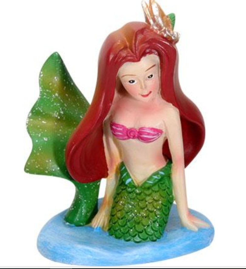 Red Hair Mermaid Queen Figurine with gold crown and green tail