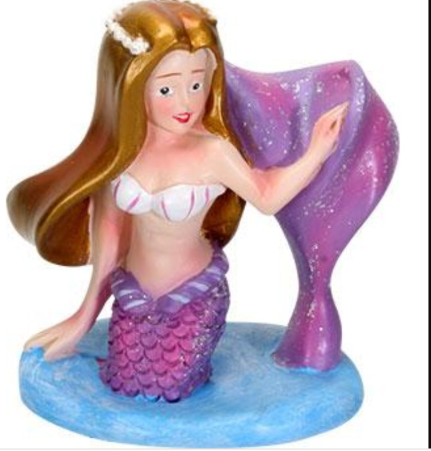 Golden Hair Mermaid Figurine with purple glitter tail and white flower crown